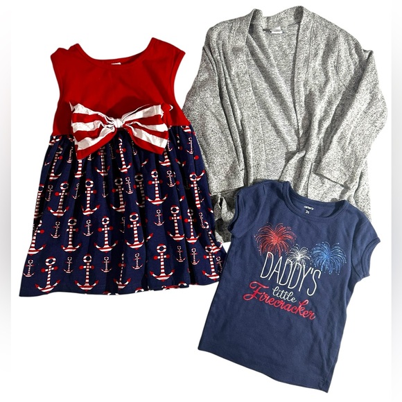 Other - EUC Red and Blue Nautical Dress with Gray Cardigan and Graphic Tee 3t